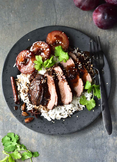 Ginger Express duck breast served over a bed of white rice in Leith.